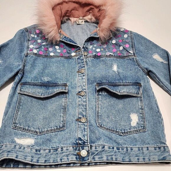 Zara Girls - Size 11/12 Sequin Fur Collar Distressed Jean Jacket - Picture 3 of 5
